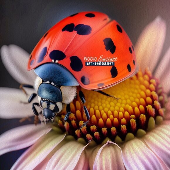 8x8 Ladybug Beetle on a Flower Watercolor Oil Painting Art Print - Picture 2 of 5